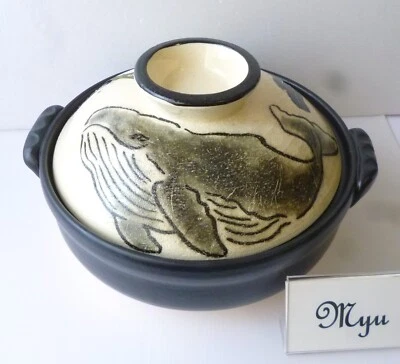 DONABE Japanese Earthen Clay Pot Whale Design Banko Ware Pottery