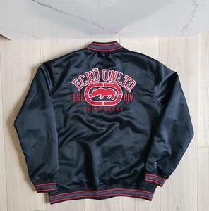 ECKO UNLTD Jacket Mens XL Black Satin Bomber Red Logo Rawthentic Rhino Brand - Picture 1 of 9
