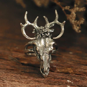 deer skull flowe ring gazelle impala head men sterling silver biker boho animal - Picture 1 of 12
