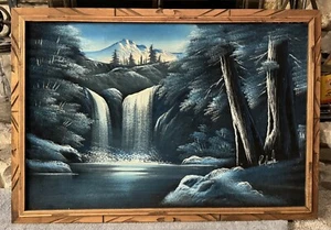 Vintage Velvet Painting Waterfall Landscape Scene Framed 39" x 27" Retro MCM - Picture 1 of 7