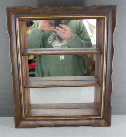 MAHOGANY WOOD FRAME WALL HANGING MIRROR 💗 DISPLAY 3 SHELF CURIO SHADOWBOX ANTIQ Cover