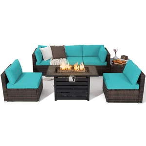 7-Piece Patio Furniture Set w/ 50,000 BTU Gas Fire Pit Table & Cushions - Picture 1 of 10