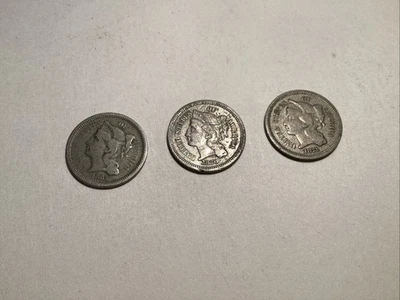 (3) U.S. Nickel 3 Cent Pieces 1865 G, 1870 XF (Tape Residue) 1871 VG Nice Group! - Image 1 of 4