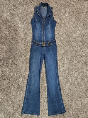 Forever 21 Vtg Y2K Denim Flared Jumpsuit Womams Sz Large Retro Hippie Boho Disco - Image 1 of 4