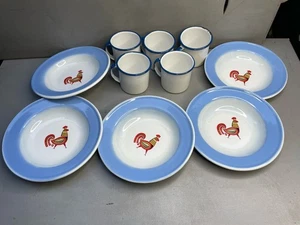 Vintage CINSA Metal Enamelware 8 3/4” Dinner/Salad Plates Rooster Light Blue Rim - Bild 1 von 13
