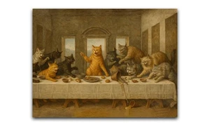 Divertida impresión de póster de gato de la Última Cena: parodia de Da Vinci - meme humorístico renacentista - Imagen 1 de 6