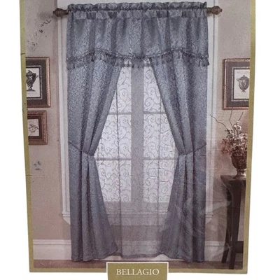 6 Piece Window Curtain Set BELLAGIO Blue Valance Tie Backs Lace Liner Elegant A3 - Image 1 of 4