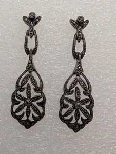 Elegante verzierte Vintage Ohrhänger Sterlingsilber 925 Markasiten Ohrhänger - Bild 1 von 7