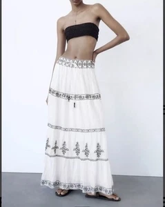 ZARA Embroidered Cotton Midi Skirt w/ Lining Ecru White 7521/280 Size L - Picture 1 of 9