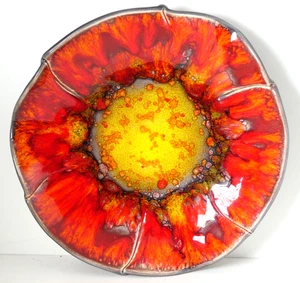 11" Red Fat Lava Ceramic Nasturtium / Poppy Flower Bowl German? Signed JR - Picture 1 of 11