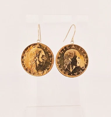 Jacmel 14k solid gold earring hooks 23mm gold tone 200 Lire coin earrings - Image 1 of 4