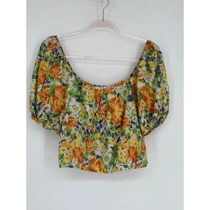 Cynthia Rowley Floral Print Crop Top, Square Neck Puff Sleeve Blouse Sz M Green - Picture 1 of 10