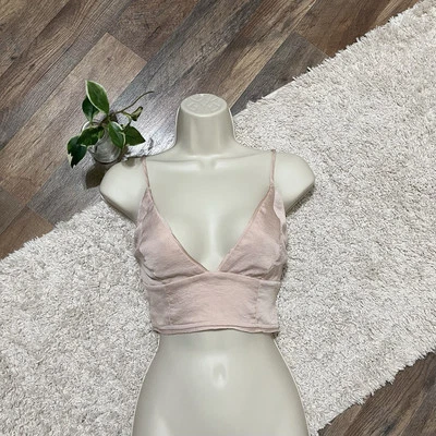 Intimately Free People S Beige Satin Raw Trim Smocked Paradise Bralette Brami - Image 1 of 4