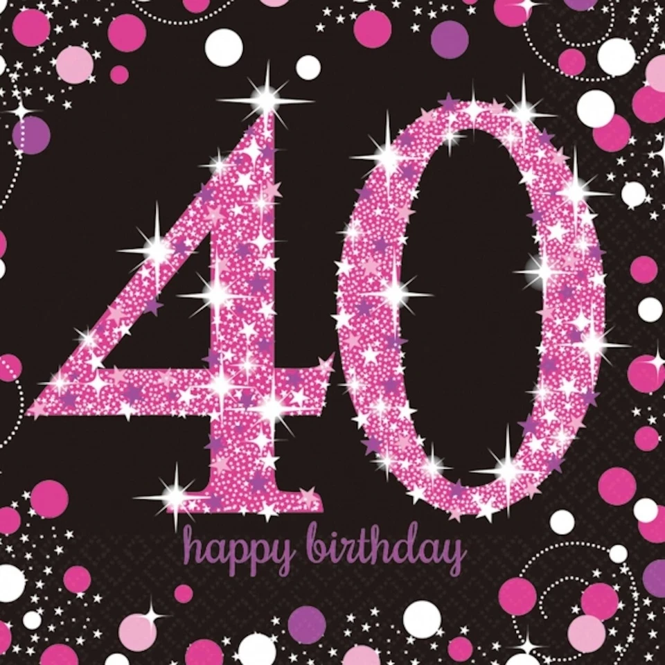 40th Birthday Paper Napkins Age 40 Serviette Party Paper Napkins Pink Black x 16 - Image 1 of 1