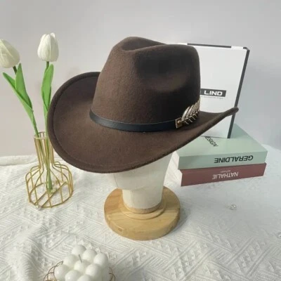 Brown Western Cowboy Cowgirl Hat Felt Wide Brim Fedora with Gold Leaf Accent - Image 1 of 4