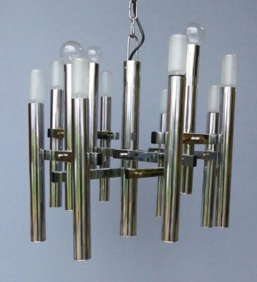 LÁMPARA CONSTRUCTIVA VINTAGE TUBOS SCIOLARI 12 LUCES CROMADO Foto 1 de 4