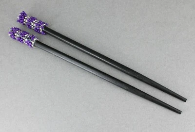 Purple hair sticks crystal seed bead set 2 chop accessory picks pins 7 1/8" long - Image 1 of 4