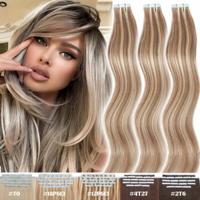 100% Real Tape In Remy Human Hair Extensions Skin Weft Full Head Body Wave Blond - Image 1 of 4