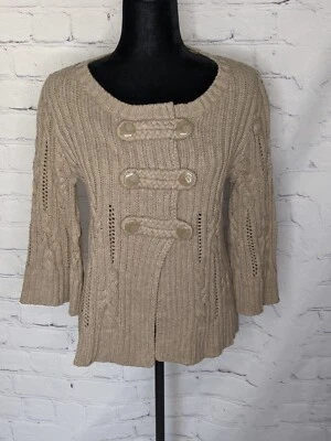 Heather B Women's Cable Knit 3/4 Bell Sleeve Button Cardigan Beige Sz. L - Image 1 of 4