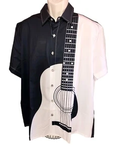 NWT ROYAURA Men’s 2XL Music Guitar Black White Hawaiian SHORT SLEEVE SHIRT DAD - Picture 1 of 4