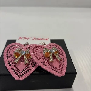 Betsey Johnson Statement Pink Lace Heart Bow Crystal Drop Dangle Earrings - Picture 1 of 14