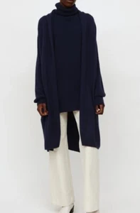 Maglione cardigan aperto The Row Navy in cashmere orlo a costine - Foto 1 di 15
