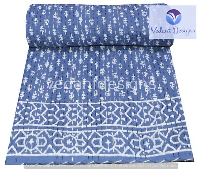 Colcha de algodão individual reversível com estampa de bloco indiana feita à mão - Imagem 1 de 4