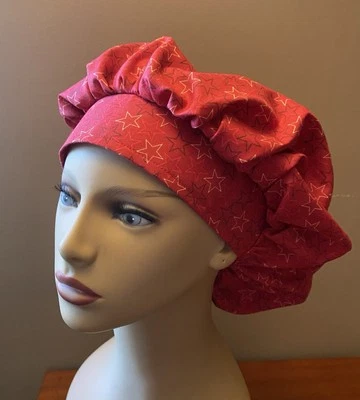 Red Stars Fabric Bouffant or surgical scrub cap women made with Patriotic Fabric - Image 1 of 4