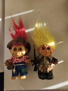 2 Vintage Russ Berrie Troll Dolls Army/Camo & Hillbilly Hobo/Farmer Scarecrow 5" - Picture 1 of 17