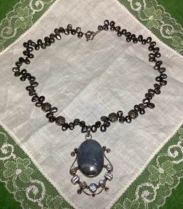 Lovely Handmade Denim Lapis, Cultured Pearls, Crystal & Sterling Silver Necklace - Picture 1 of 21