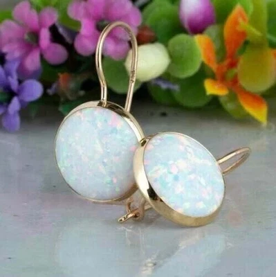 Deliciate 4Ct Round Cut Opal Drop & Dangle Earrings Solid 14K Yellow Gold Finish - Image 1 of 3