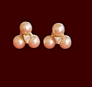 Vintage Triple Pear & Crystal Gold Plated Triangle Stud Earrings - Picture 1 of 4