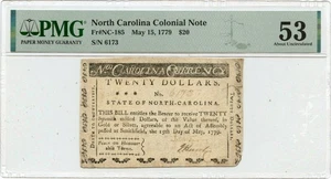 1779 May 15, $20 North Carolina Colonial Note FR#NC-185 PMG AU53 Finest Known - Picture 1 of 3