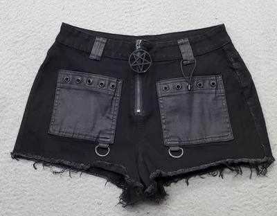 Killstar Shorts Womens Large Black Denim Raw Hem Patch Pocket Zip Up KSRA003603 - Image 1 of 4