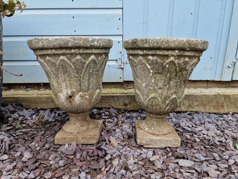 Pair Vintage French Small Classical Stone Urns Garden Planter Cover