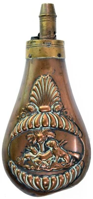 19th CENTURY  BRASS  POWDER FLASK FOR A RIFLE OR GUN. #9533 - Image 1 of 3