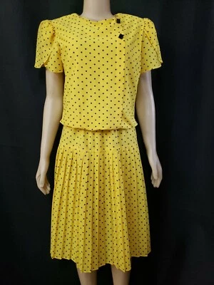 Vestido vintage para mujer RICARDO amarillo a lunares talla 16 cintura caída #CB8 Foto 1 de 4