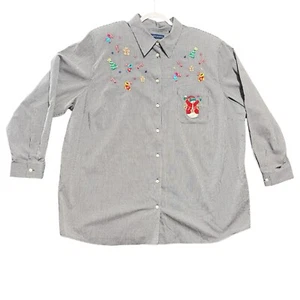 Karen Scott II Gingham Christmas Embroidered Button Up Shirt Plus Size 3X, Vtg - Picture 1 of 7