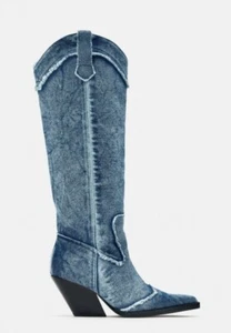 ZARA DENIM COWBOY BOOTS SZ 41 - Picture 1 of 7
