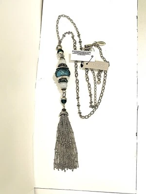 NEW CHICOS IMPERIAL BLUE TASSEL PENDANT NECKLACE 28" SILVER CROSS LINK CHAIN   - Image 1 of 4