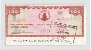 ZIMBABWE $100000 Dollars 2003, P-20 Travellers Cheque, Light Circ, 0103227. S2 - Picture 1 of 2