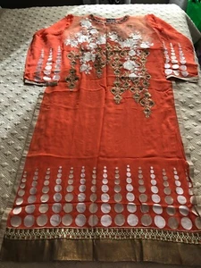 NEW Semi-Stitched Orange Chiffon Kameez Sharara Dupatta Gold & white embroidery - Picture 1 of 9
