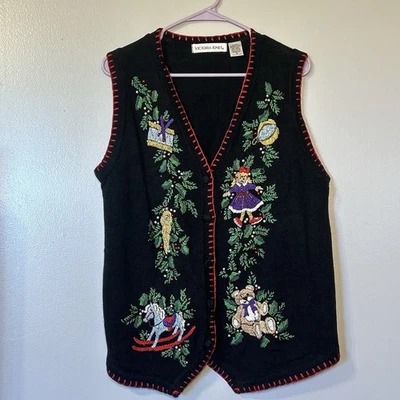 Victoria Jones Womens VTG 90s Christmas Sweater Vest Sz Med Beaded Embroidery - Image 1 of 4