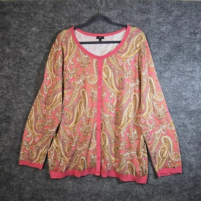 Talbots Cardigan 女式 3X 粉色棕色佩斯利长袖复古办公室 — 第 1/4 张图片