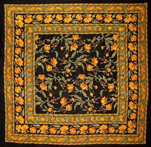 French Floral Square Cotton Tablecloth 60" x 60" Amber on Black - Picture 1 of 2