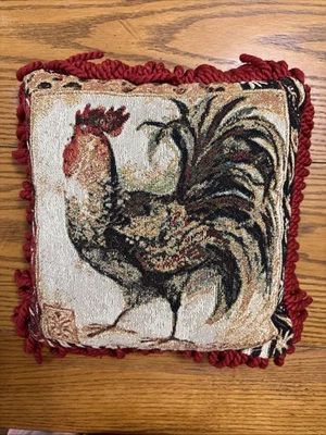 Tapestry Rooster Pillow With Curled Yarn Fringe Around It - Image 1 of 2