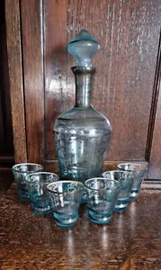 Rare Antique Venetian Decanter & 6 Shot glasses, Silver Overlay, Turquoise Glass - Picture 1 of 13