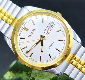 Vintage PULSAR 1980'S Day & Date Quartz Two-Tone Men's Watch W/ Orig. Bracelet ! - Picture 1 of 2