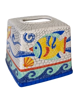 Caja de pañuelos Wamsutta de colección cubierta cerámica playa costa peces náuticos pintados a mano Foto 1 de 4