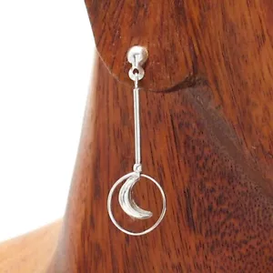 925 Sterling Silver Dangling Crescent Moon in Ring Post Stud Earrings - Picture 1 of 2